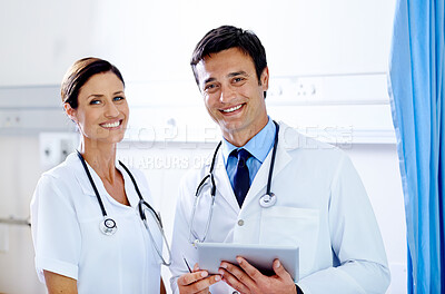 Buy stock photo Doctors, portrait and tablet for team helping on clinic website, update and review medicine. Staff, assistance and medical support for treatment or diagnosis, surgery schedule and hospital news