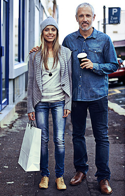 Buy stock photo Family, mature father and girl in portrait for shopping, travel and bonding in city. Dad, woman or smile with take away coffee for outing, reunion and winter in New York for love and relationship