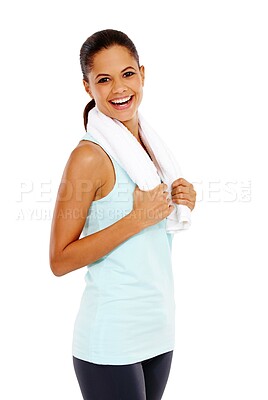 Buy stock photo Woman, towel and happy for exercise in studio portrait for fitness, wellness and workout by white background. Person, model and smile with cloth for sweat, training and excited for gym in Colombia