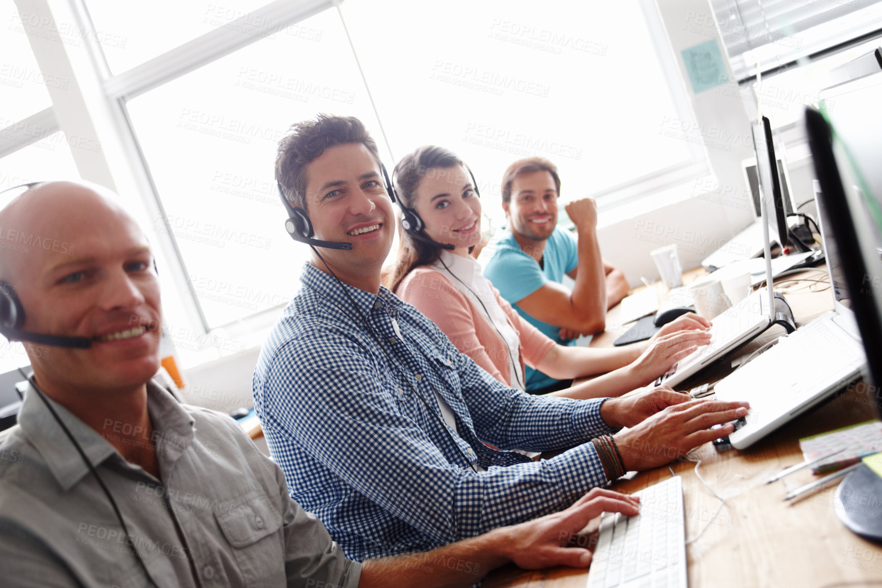 Buy stock photo Business people, portrait and call center with team in telemarketing, customer service or support at office. Group of employees or consultants with smile or headphones in agency for online advice