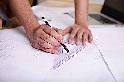 Buy stock photo Hands, triangle and architect person drawing blueprint, construction and civil engineering with stationery. Design tools, paperwork and closeup of floor plan for property development or renovation