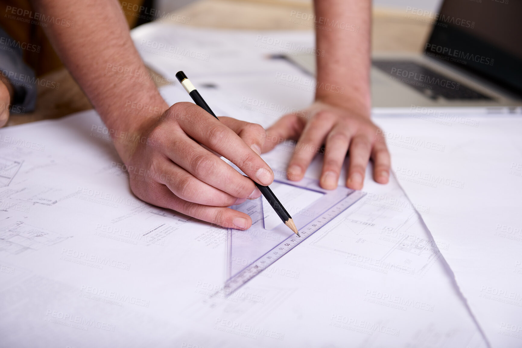 Buy stock photo Hands, triangle and architect person drawing blueprint, construction and civil engineering with stationery. Design tools, paperwork and closeup of floor plan for property development or renovation