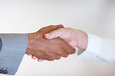 Buy stock photo Team, shaking hands and welcome to office staff, agreement and client negotiation success. Business people, partnership and b2b thank you at work, onboarding and greeting introduction in meeting