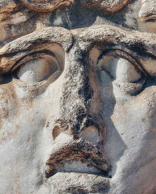 Buy stock photo Historic, face sculpture and architecture as temple in Greece as tourist destination for ancient education. Traditional building, culture and carved stone or vintage art for tourism and holiday