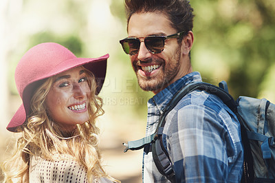 Buy stock photo Happy, couple and portrait outdoor for hiking in nature on vacation, together and walking in forest for adventure. Man, woman and smile in woods for explore on travel holiday in New Zealand with love