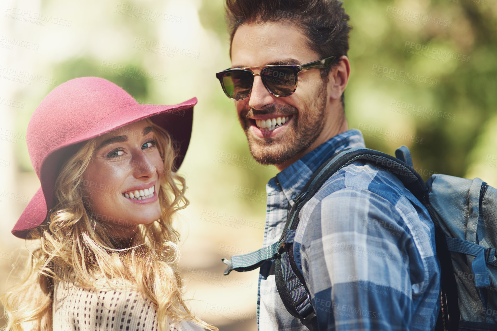 Buy stock photo Happy, couple and portrait outdoor for hiking in nature on vacation, together and walking in forest for adventure. Man, woman and smile in woods for explore on travel holiday in New Zealand with love