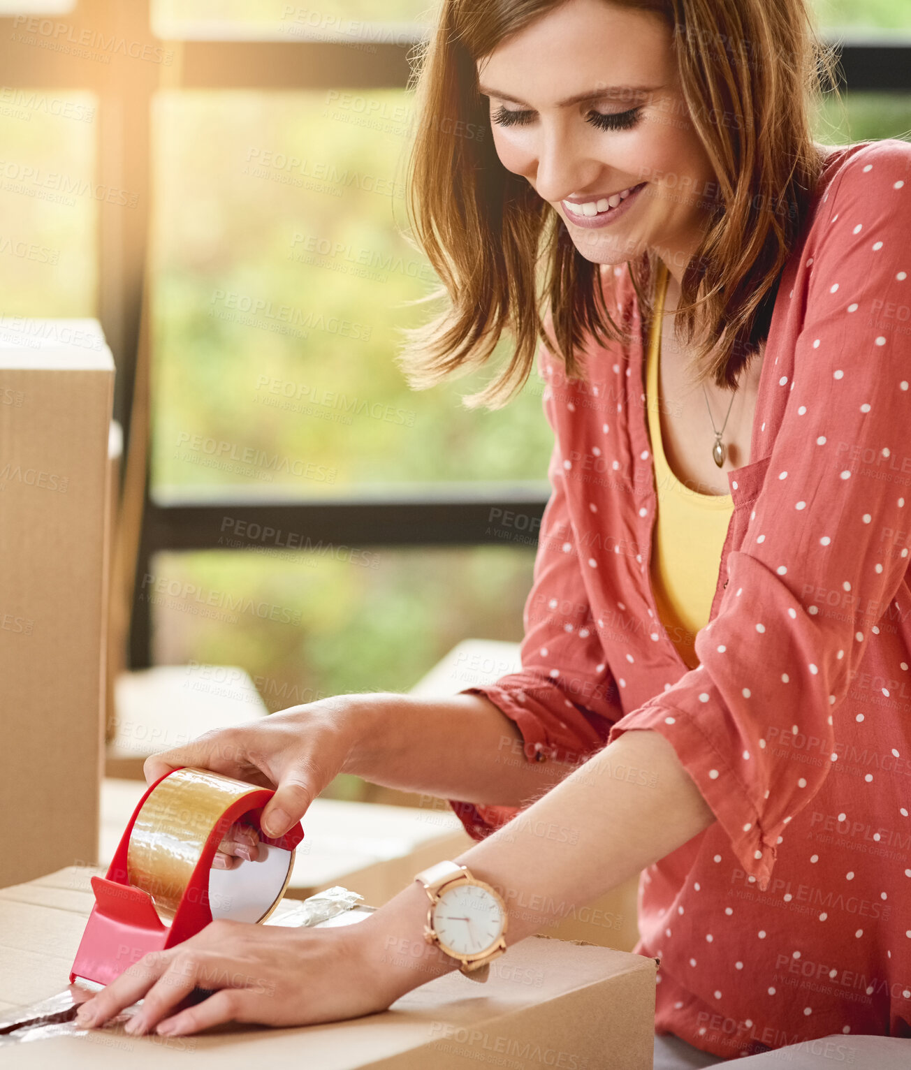 Buy stock photo Tape, cardboard box and woman packing for moving to new home with property ownership or mortgage. Smile, parcel and female person preparing package for relocation at apartment or house in Canada.