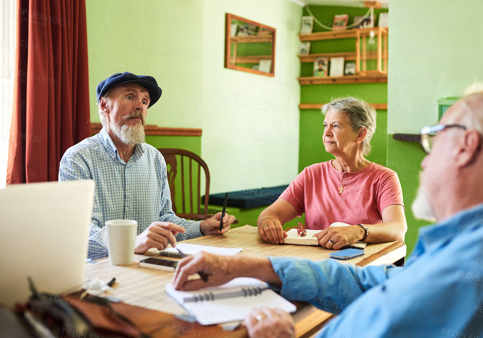 Buy stock photo Council, property and retirement home with senior people in living room for body corporate meeting. Laptop, notebook and real estate with elderly resident group speaking in apartment for planning