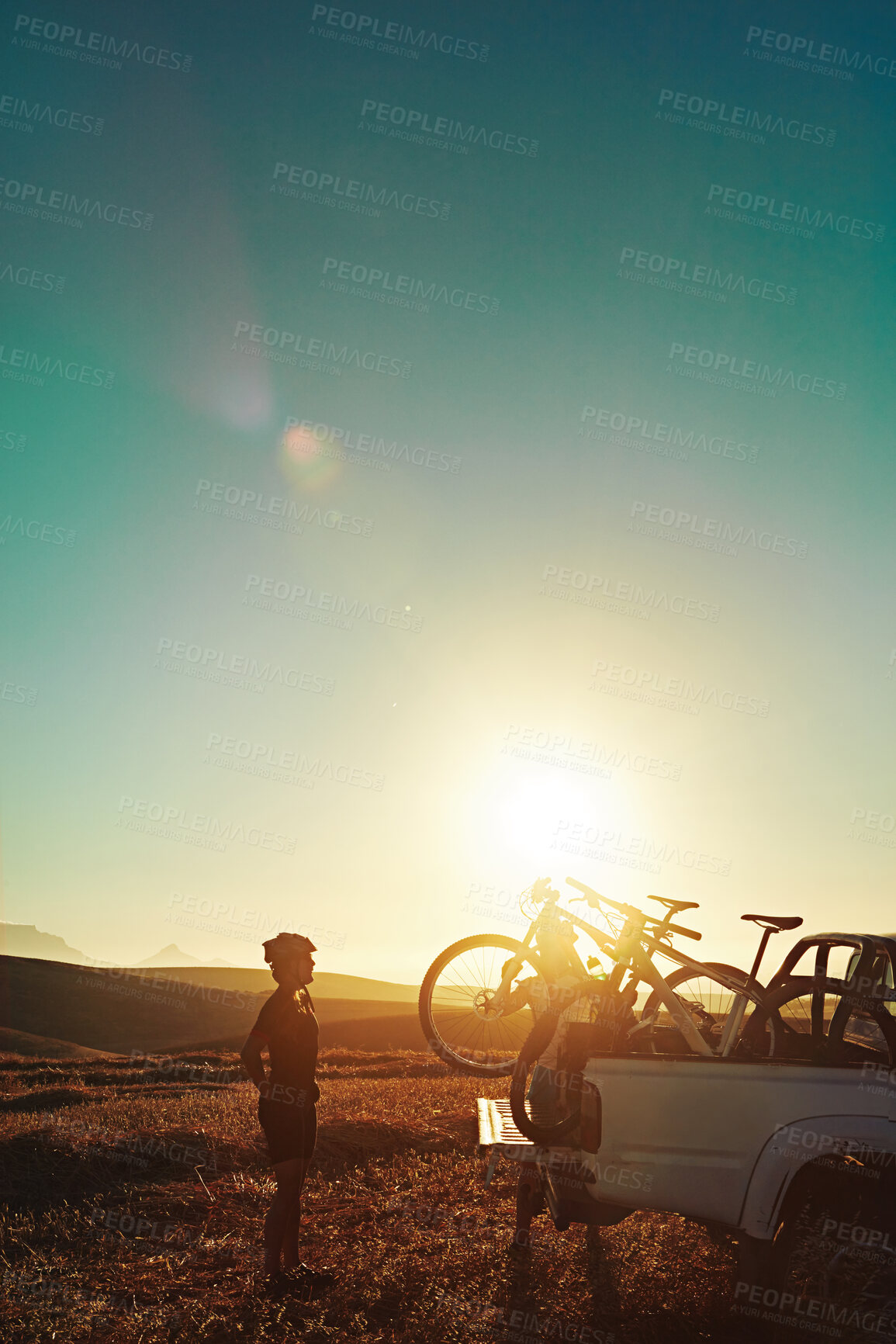 Buy stock photo Cycling, friends and people with bicycle in car for training, workout and exercise in countryside. Fitness, sports and cyclists with mountain bike in trunk for outdoor adventure, travel and transport