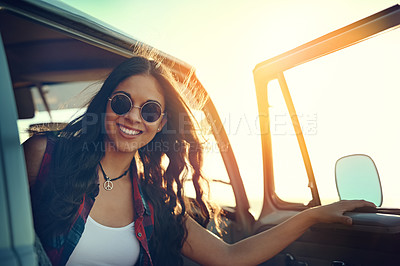 Buy stock photo Travel, portrait and woman with sunglasses by car door for outdoor summer holiday, sunset and break. Vacation, drive and person with smile on road trip for tourism, adventure or sightseeing in Greece