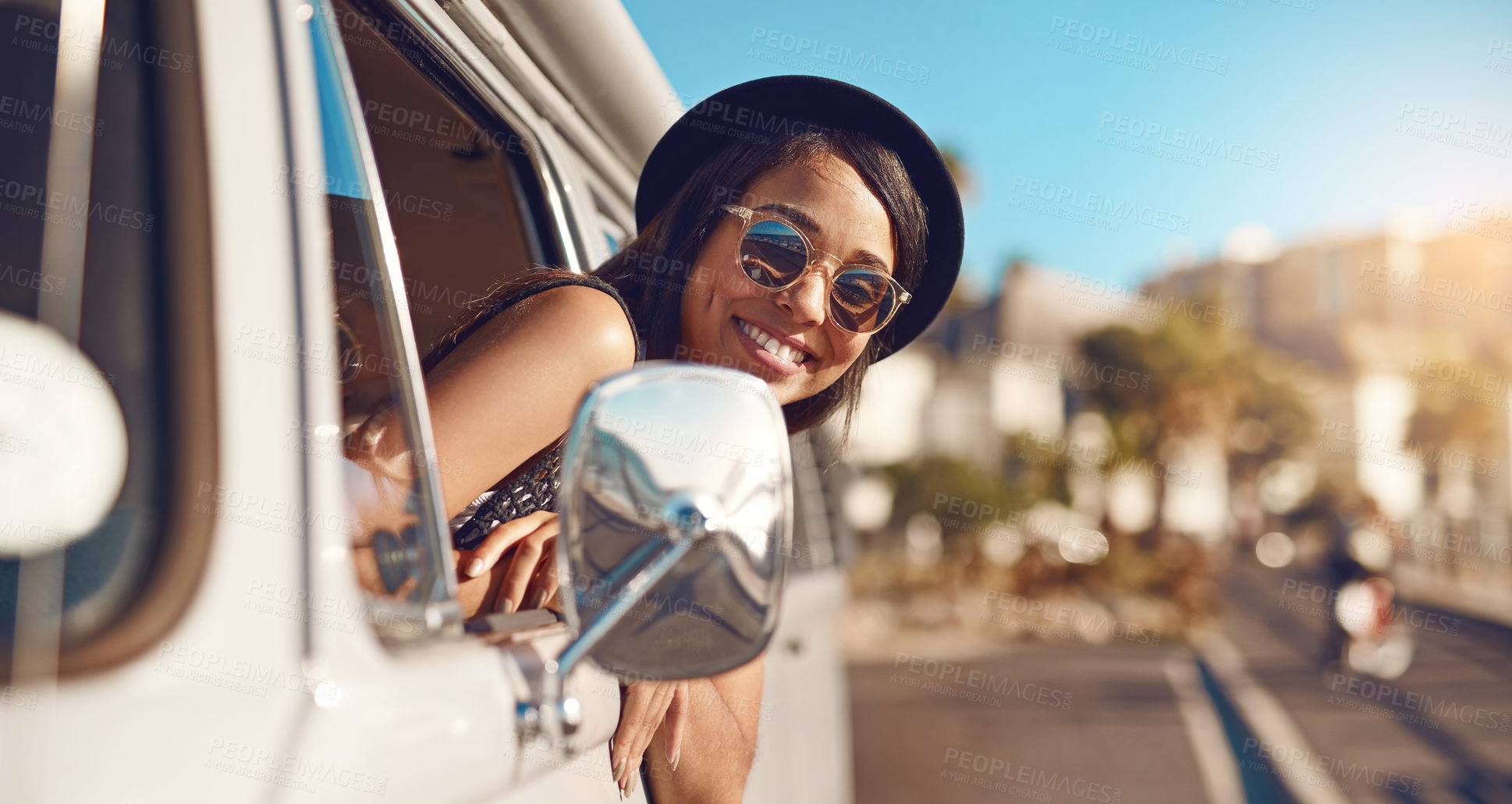 Buy stock photo Woman, travel and road trip in minivan as tourist on adventure, journey and vacation in Greece. Female person, happiness and excited for sightseeing, outdoor and fun for holiday, destination or drive