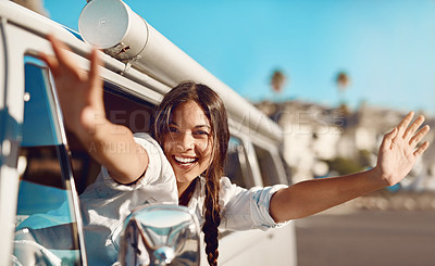 Buy stock photo Freedom, portrait and woman in minivan window for drive, travel and road trip for adventure in Spain. Female person, car and happy for summer holiday on journey for fun, relax or enjoy as passenger