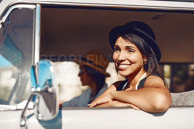 Buy stock photo Outdoor, woman and happy in minivan window for drive, travel and road trip for adventure in New York. Female person, car and vacation or holiday on journey for fun, relax or enjoy as passenger