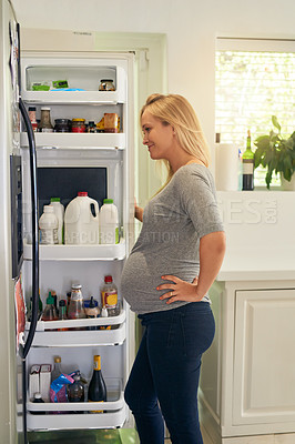 Buy stock photo Fridge, pregnant and smile with woman in kitchen of home to search for food, meal or snack. Maternity, pregnancy and thinking with person opening refrigerator in apartment for diet or nutrition