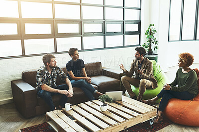 Buy stock photo Discussion, creative and group of people in office for brainstorming ideas for project with teamwork. Collaboration, meeting and designers working together for startup company in workplace lounge.