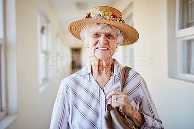 Buy stock photo Happy, hat and senior woman with fashion, elegant and cool outfit for outing at retirement home. Smile, portrait and independent elderly female person with classy clothes and accessory in house.