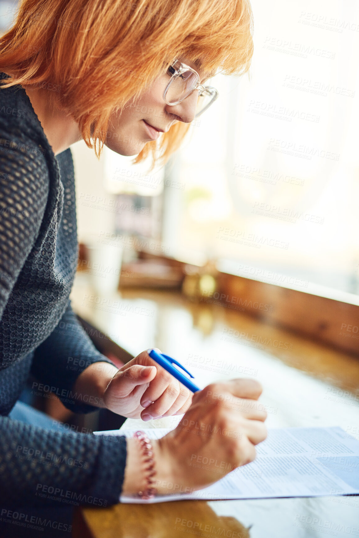 Buy stock photo Woman, startup and writing in cafe for checklist, stock control and feedback in new business. Female barista, restaurant manager and paperwork with pen for schedule, survey and inventory in deli