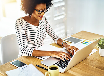 Buy stock photo Remote work, laptop and black woman with typing, digital and copywriting on desk, documents and paperwork. Morning, employee and person with computer, keyboard or research for website of blog in home