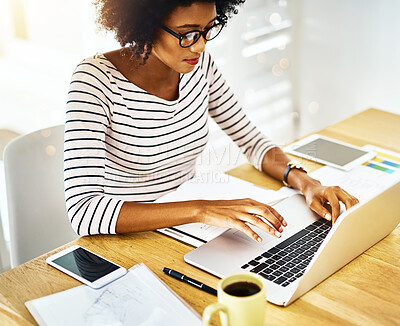 Buy stock photo Remote work, laptop and black woman with typing, glasses and copywriting on desk, documents and paperwork. Morning, employee and person with computer, keyboard and research of website of blog in home