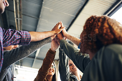 Buy stock photo Students, group or high five at university with support for study motivation or academic collaboration. Friends, diversity people or hands together on campus for solidarity in learning or scholarship