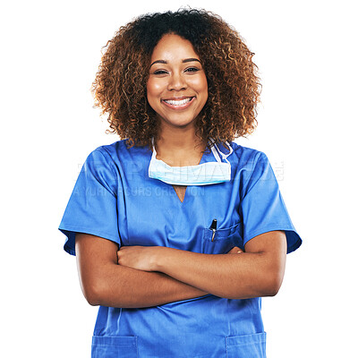 Buy stock photo Portrait, nurse and black woman with arms crossed in studio isolated on white background. Face, healthcare or confident, proud and happy female medical physician from Nigeria ready for wellness goals
