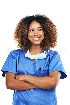 Buy stock photo Healthcare, nurse and black woman with arms crossed in studio isolated on a white background. Medical, thinking and confident, proud and happy female physician with ideas, thoughts or contemplating.