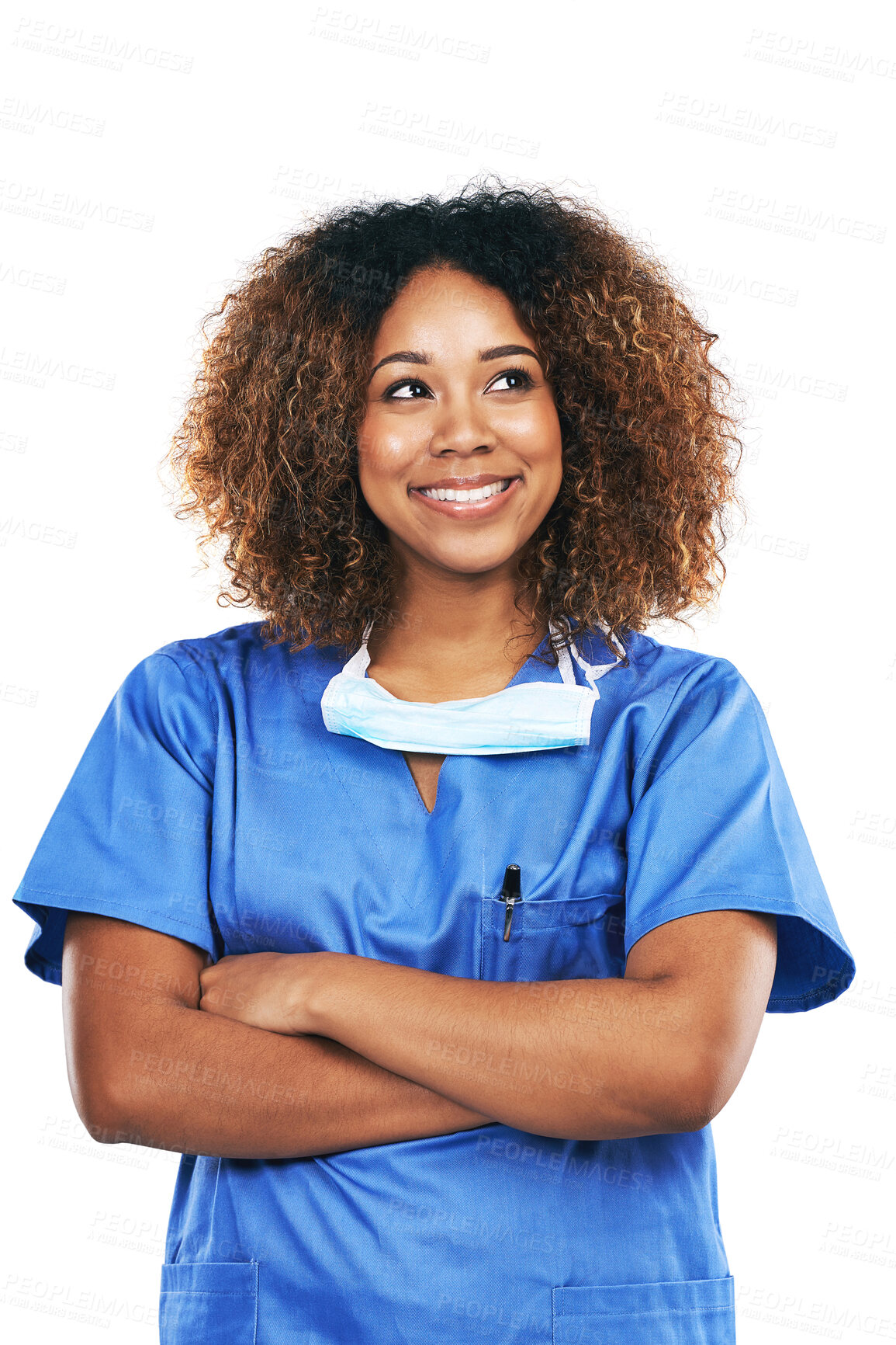 Buy stock photo Healthcare, nurse and black woman with arms crossed in studio isolated on a white background. Medical, thinking and confident, proud and happy female physician with ideas, thoughts or contemplating.