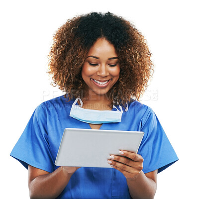 Buy stock photo Tablet, healthcare nurse and black woman in studio isolated on a white background mockup. Technology, wellness app and person or female medical physician with touchscreen for research or telehealth.