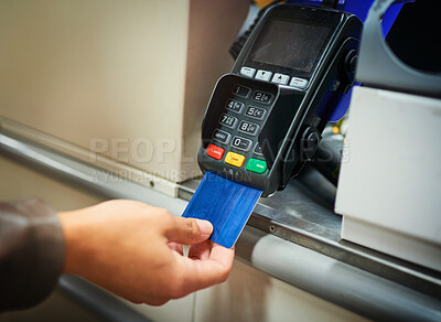 Buy stock photo Hands, pos machine and credit card for transaction, banking and account funds for access, money and debit. Fintech, person and cashless purchase with e commerce, payment or sale in digital scanner