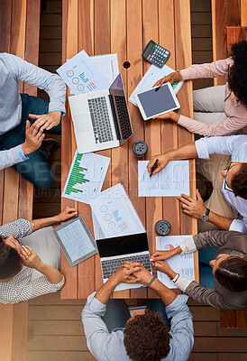 Buy stock photo Data, analytics and business people at workshop for budget planning, strategy and stats for tech sales growth. Laptop, paperwork and team in meeting with charts, graphs and collaboration from above