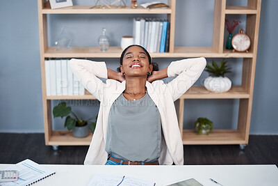 Buy stock photo Business, stretching and black woman at desk with smile, satisfaction and achievement for financial project. Relax, success and happy consultant in office with deal, growth or development at agency