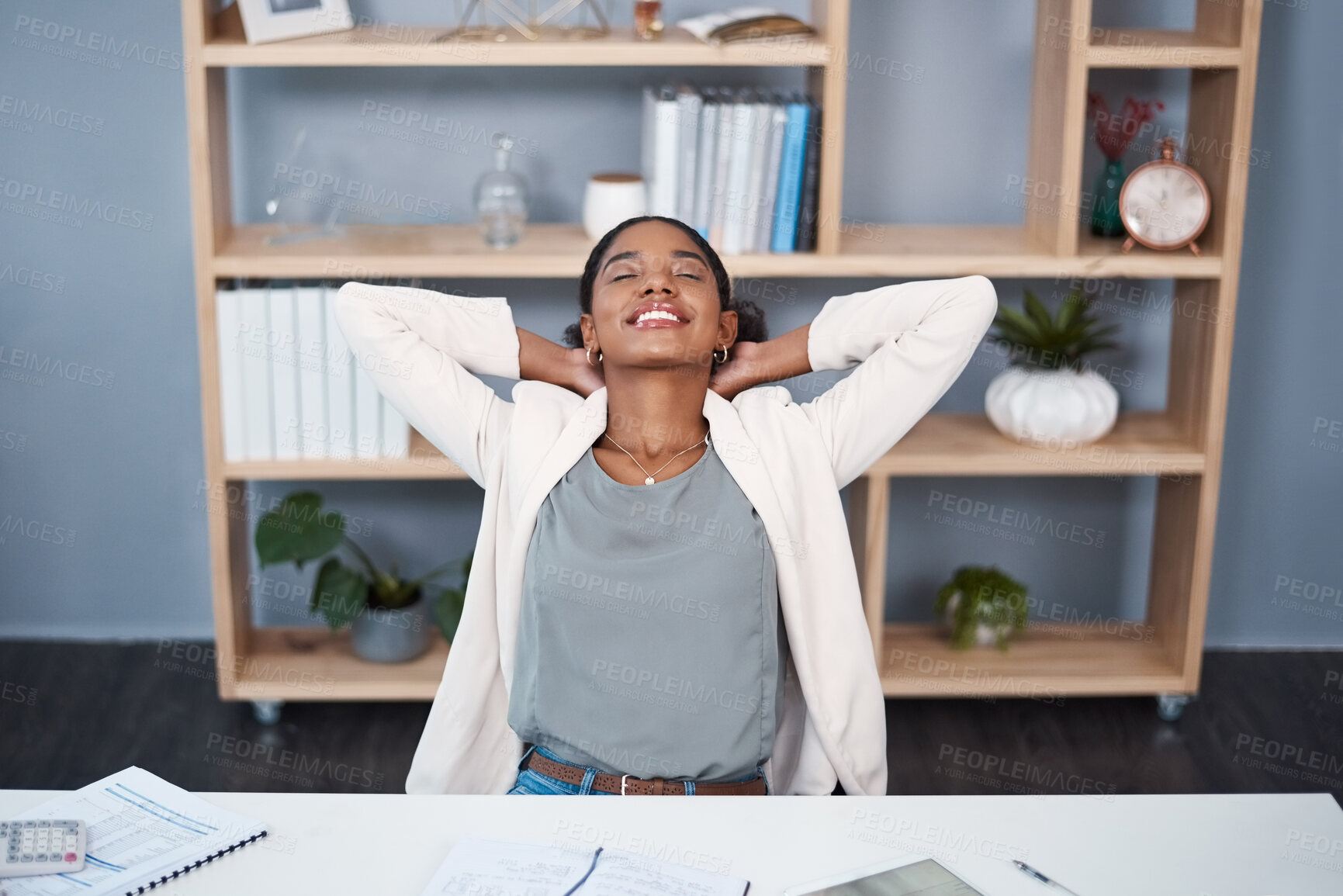 Buy stock photo Business, stretching and black woman at desk with smile, satisfaction and achievement for financial project. Relax, success and happy consultant in office with deal, growth or development at agency