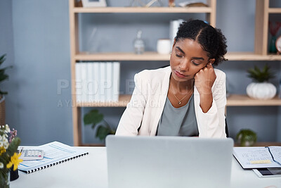 Buy stock photo Black woman, desk and sleep with laptop, paperwork and burnout in financial administration. Fatigue, audit and overworked businesswoman with budget planning, exhausted or tired with online tax report