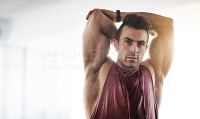 Buy stock photo Stretching, arms and man in gym for exercise, fitness and improve flexibility for wellness for bodybuilder. Health club, person and thinking with warm up for injury prevention, workout and training