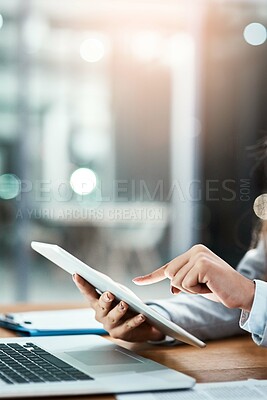 Buy stock photo Business person, laptop and hands with tablet at night with digital finance consultant with deadline at desk. Planning, market research and tech with helpdesk app, accounting advice and mockup