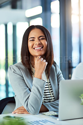 Buy stock photo Black woman, portrait and laptop for finance investment in office, budget report and statistics. Female person, accountant and website for managing company expenses online, paperwork and feedback