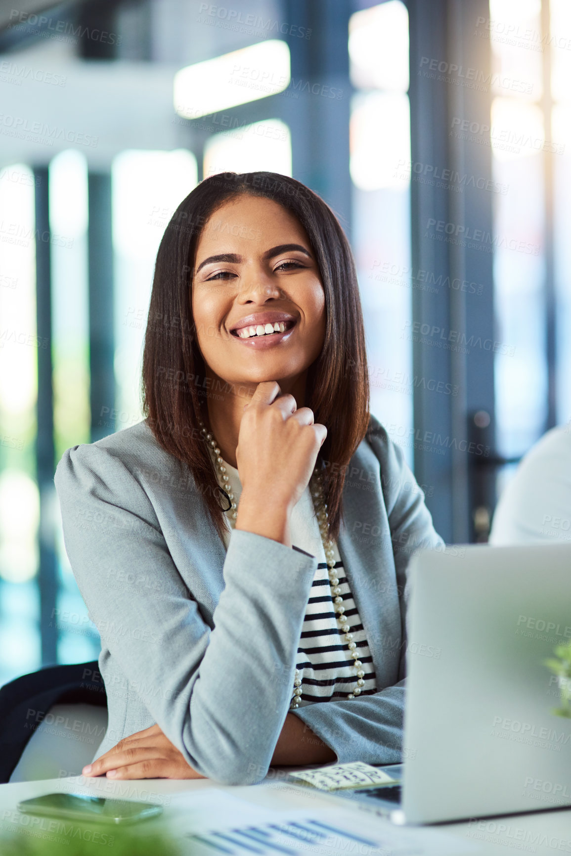 Buy stock photo Black woman, portrait and laptop for finance investment in office, budget report and statistics. Female person, accountant and website for managing company expenses online, paperwork and feedback