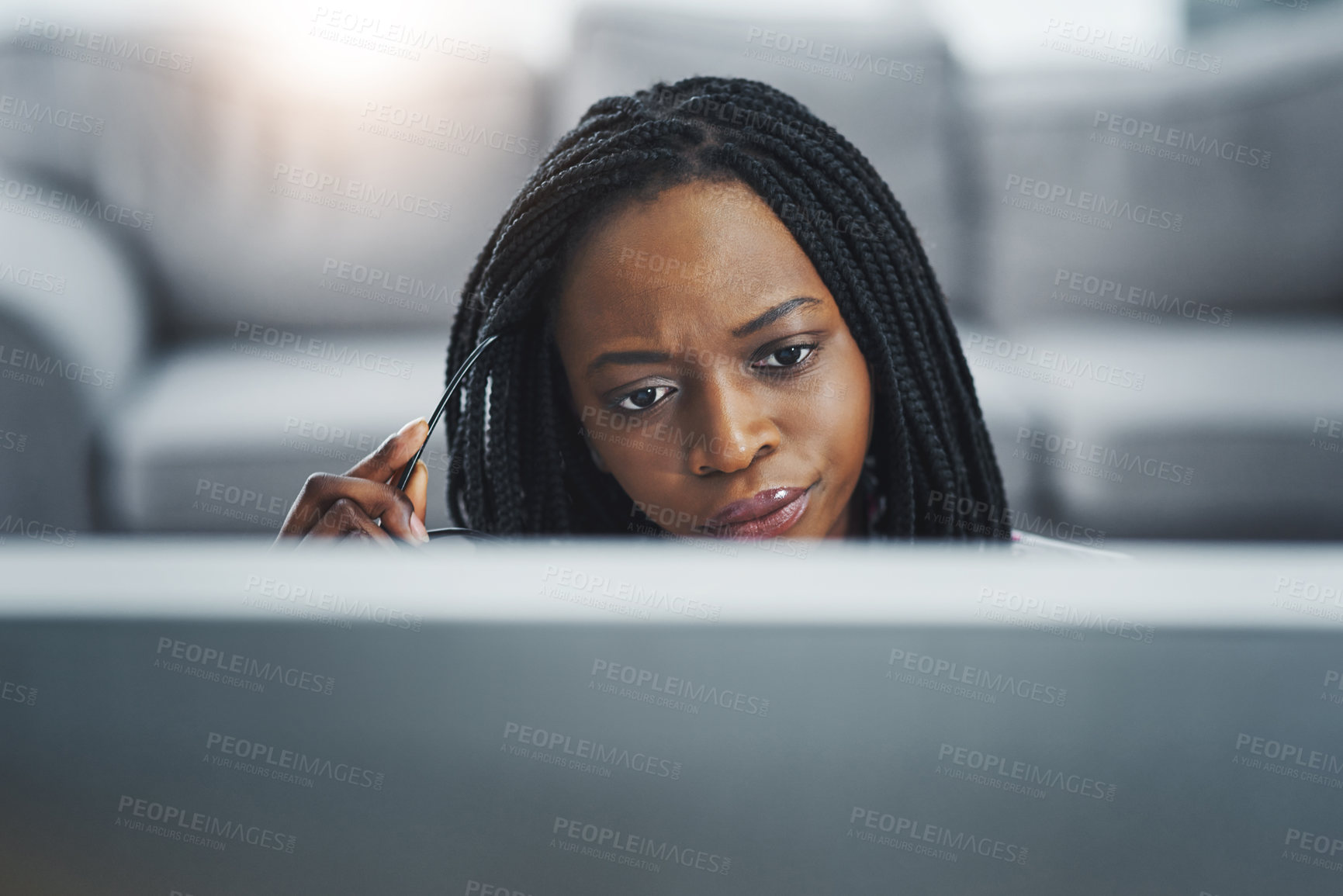 Buy stock photo Remote work from home, thinking and black woman with computer, solution and problem solving. African person, entrepreneur and business owner with pc, planning and decision with choice for project