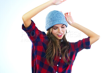 Buy stock photo Dance, woman and smile in studio for movement, enjoyment and winter fashion. Female person, passion and eyes closed on white background for music, freedom and energy with happiness for favorite song