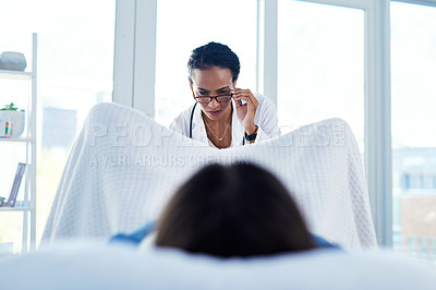 Buy stock photo Gynecology, doctor and patient with checkup at clinic for pelvic exam, pap smear and vaginal examination. Gynaecologist, women and medical assessment, pregnancy planning and stirrups at hospital care