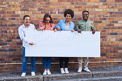 Buy stock photo Marketing, portrait and poster mockup of people outdoor on city street together with brick wall background. Advertising, diversity or space on banner for business with man and woman employee group