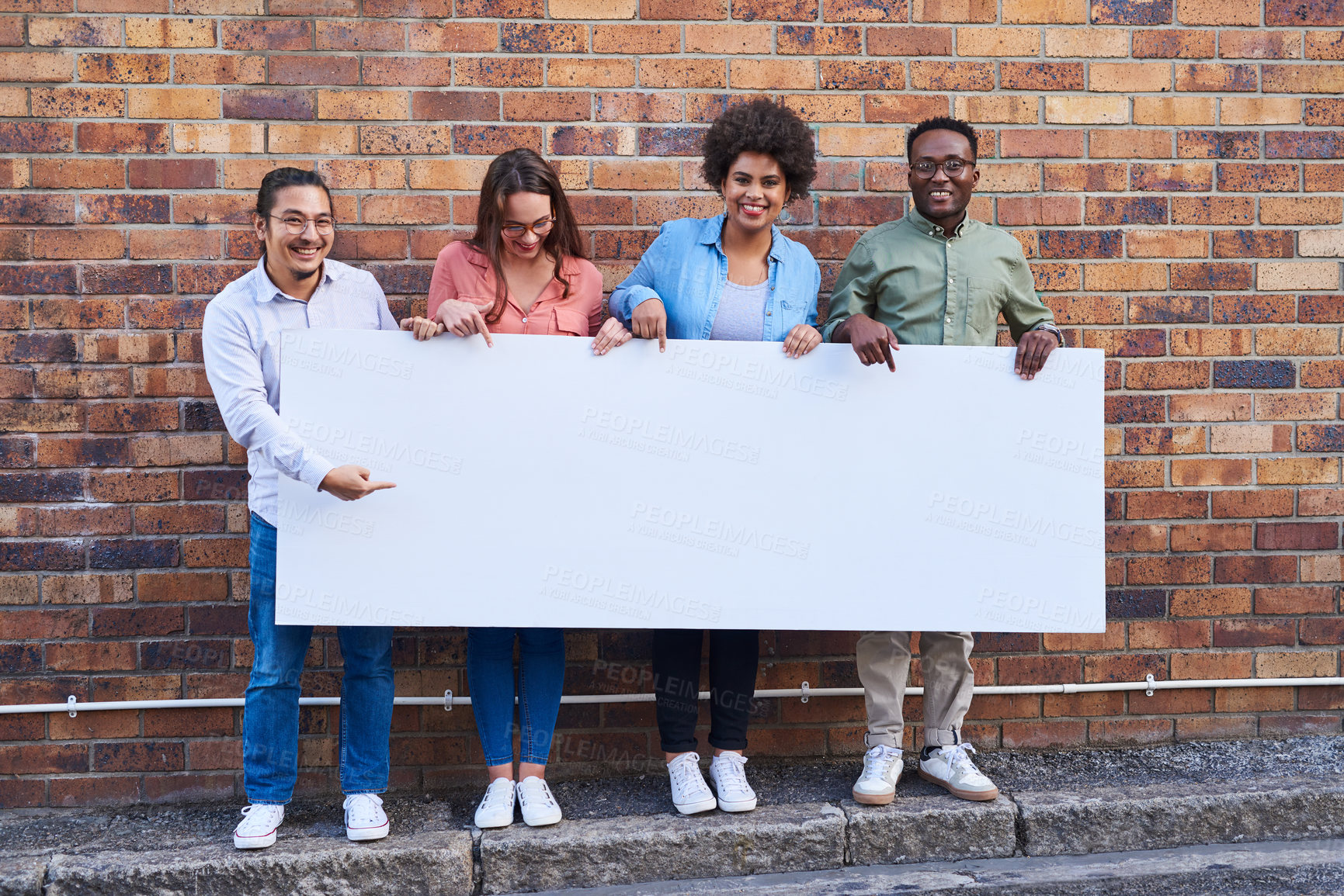 Buy stock photo Marketing, portrait and poster mockup of people outdoor on city street together with brick wall background. Advertising, diversity or space on banner for business with man and woman employee group