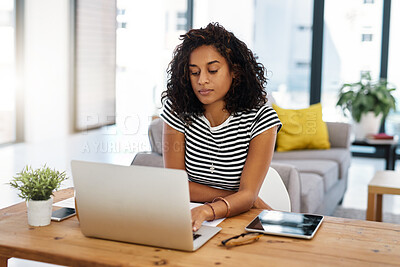 Buy stock photo Black woman, student and laptop for distance learning, remote work or online course at home. Female person, typing and studying with computer, homework and education for research on college essay