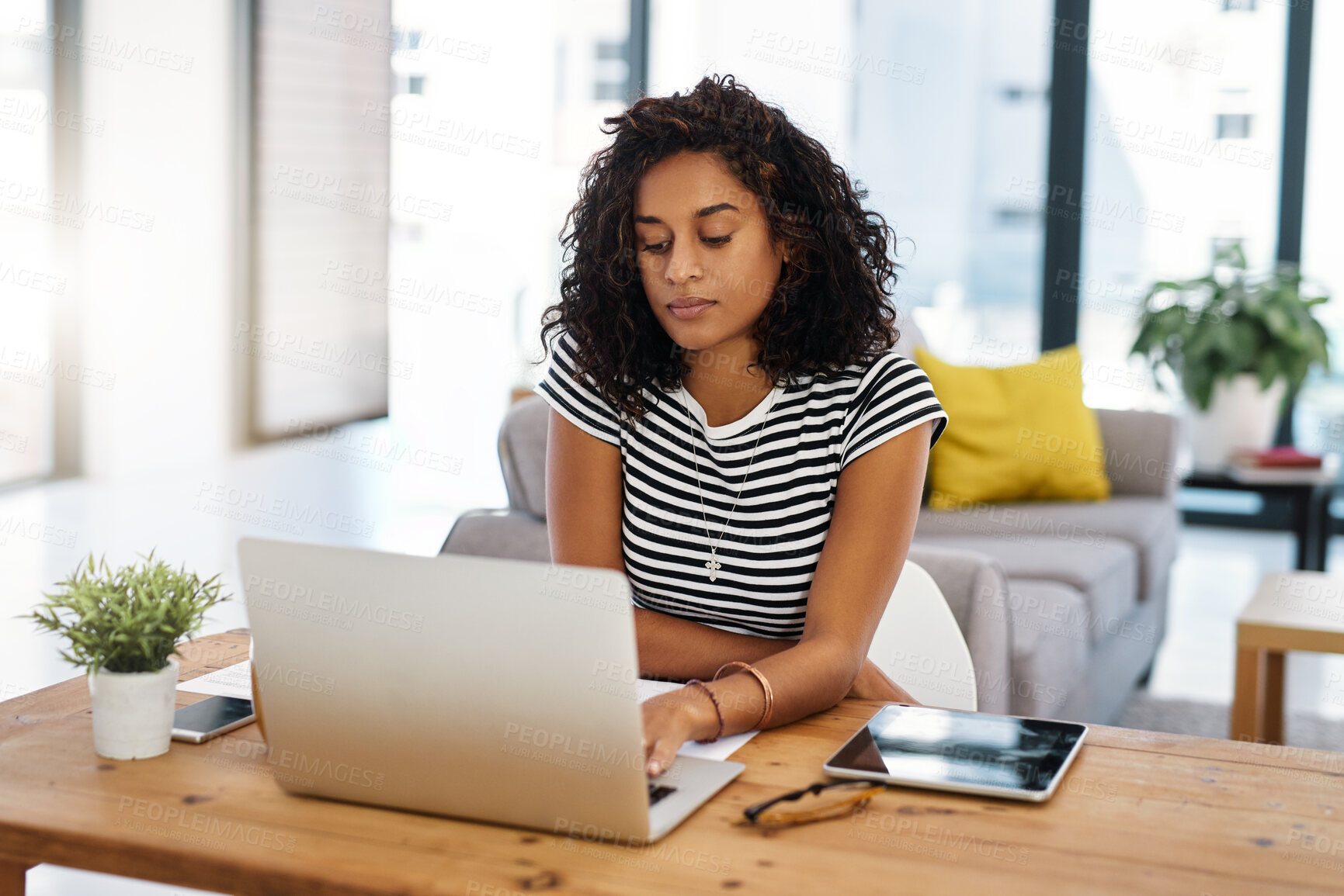 Buy stock photo Black woman, student and laptop for distance learning, remote work or online course at home. Female person, typing and studying with computer, homework and education for research on college essay