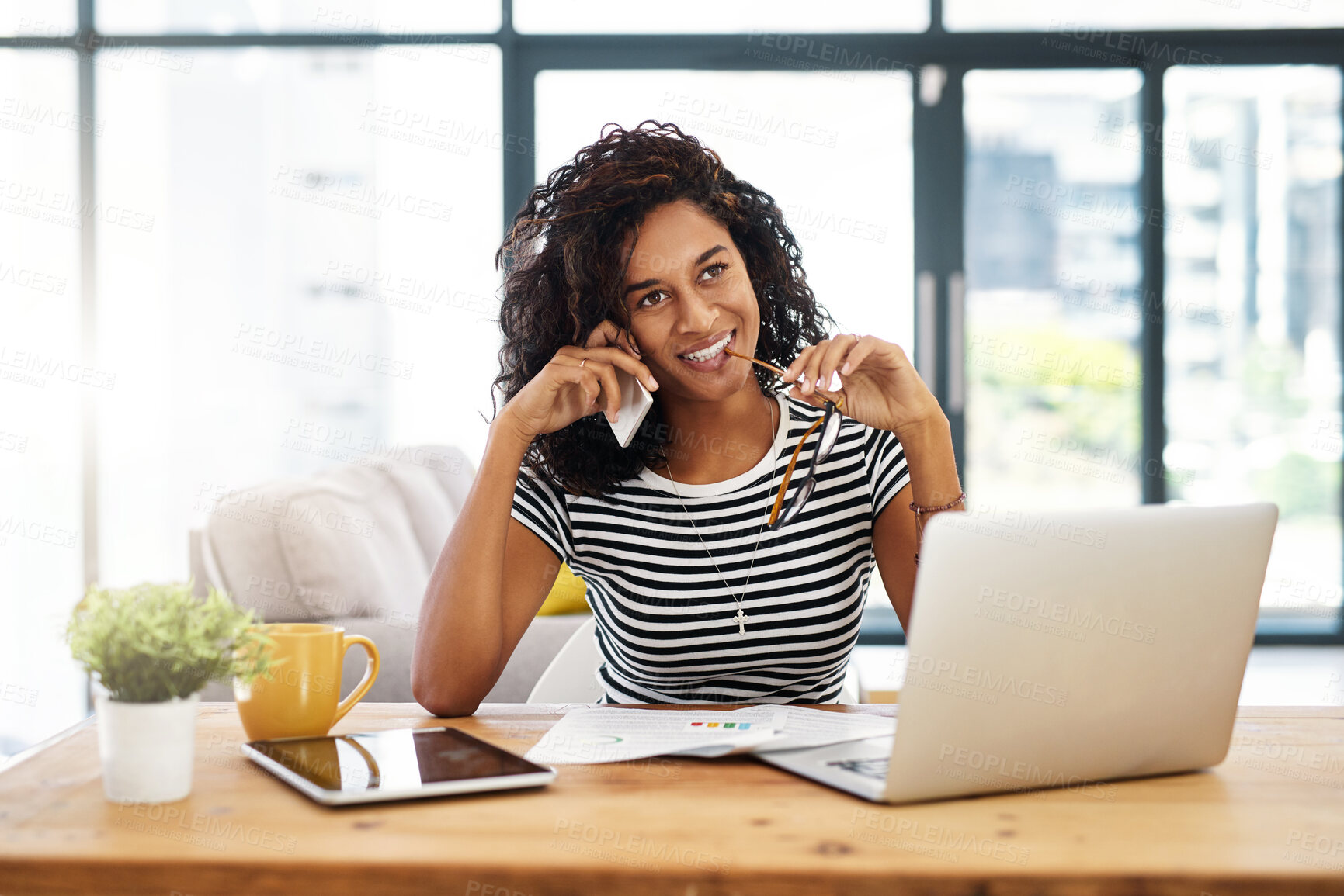 Buy stock photo Black woman, remote work and home with phone call for thinking, planning for website development or startup business. Female entrepreneur, happy and communication with tech, chat with thought or idea