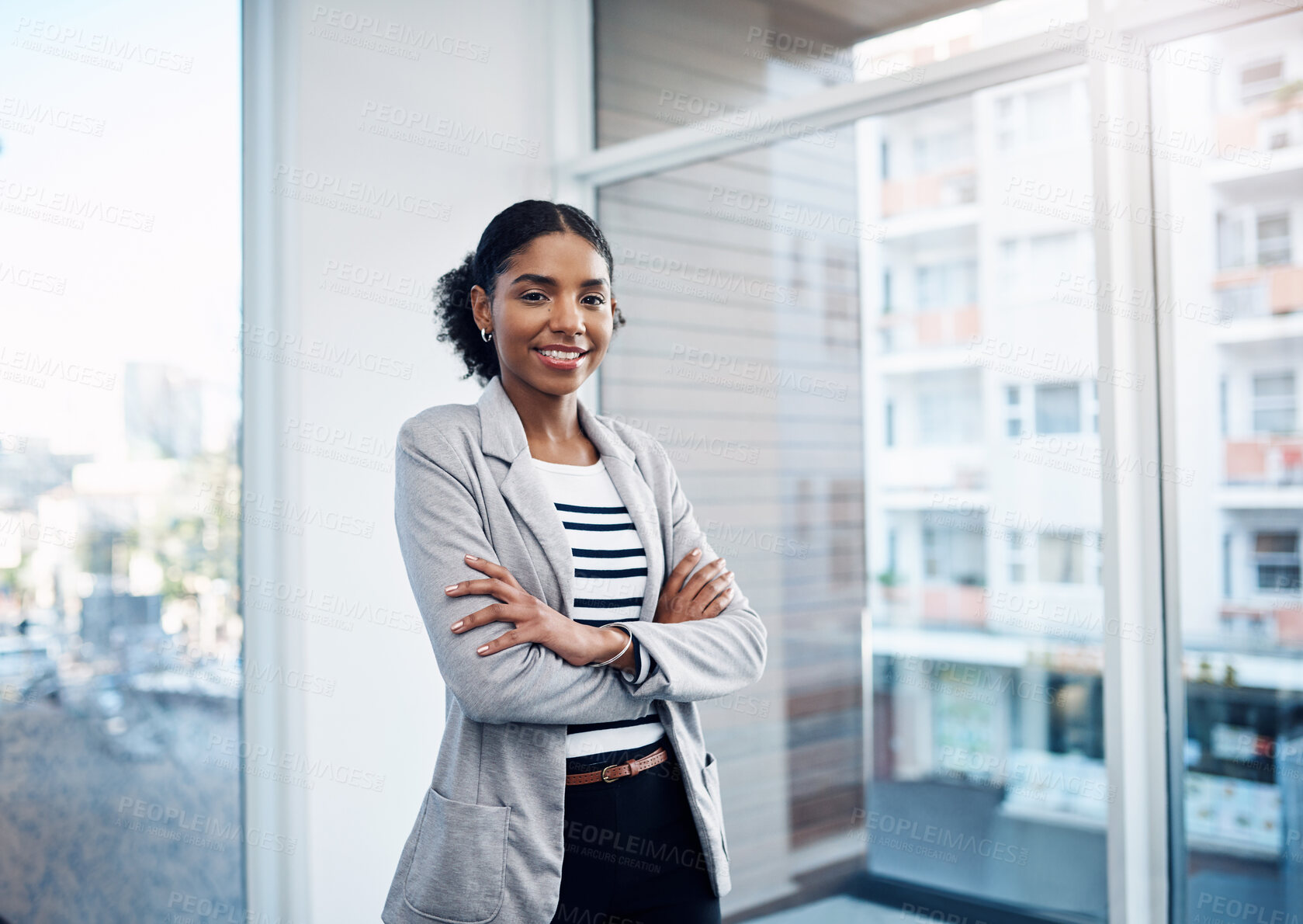 Buy stock photo Crossed arms, window and portrait of professional black woman with confidence, company pride and startup. Business, office and person in workplace for career, job opportunity and working in building