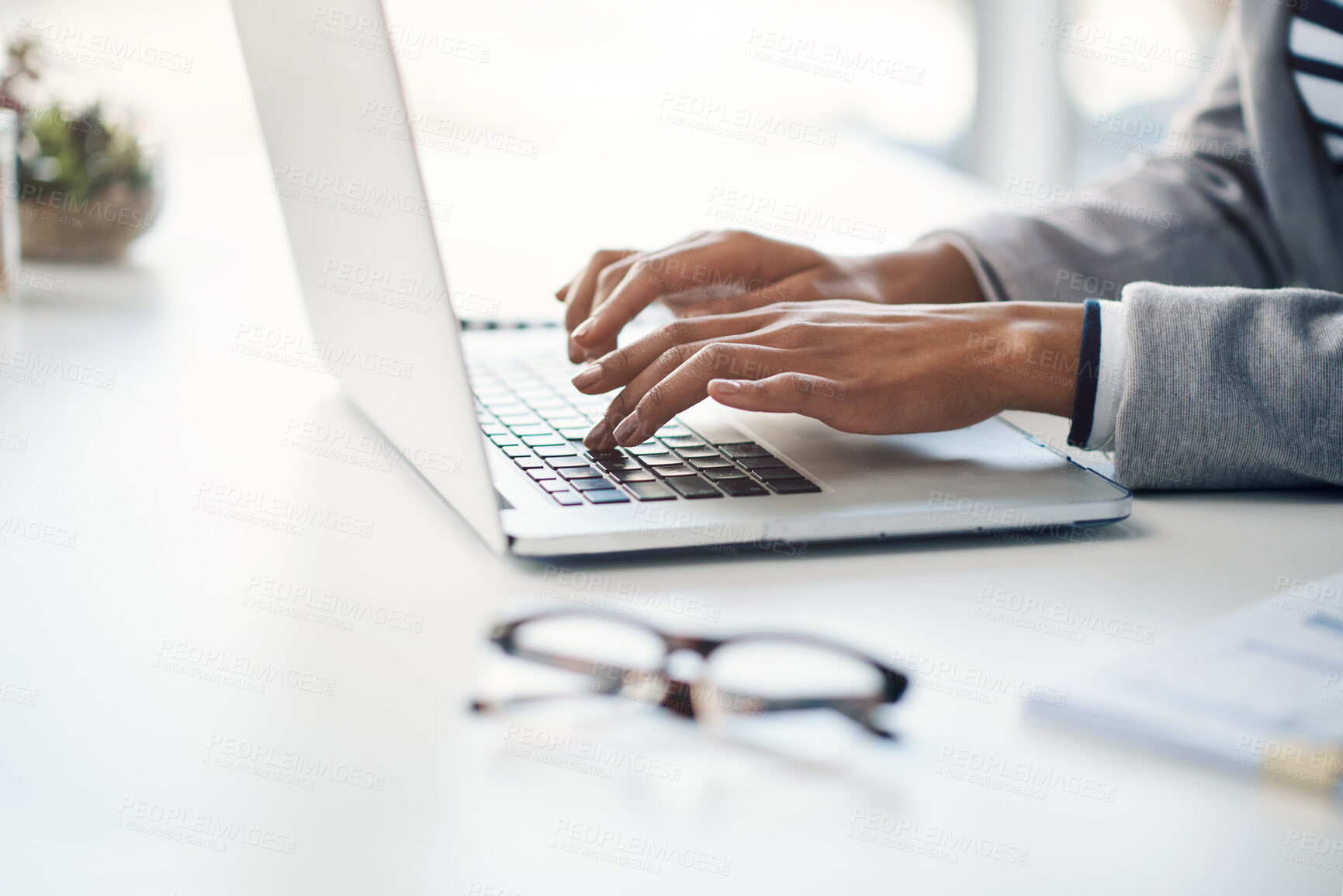 Buy stock photo Office, typing and hands of woman at laptop for research, business review or online report at agency. Budget, planning and consultant at desk with computer, networking and financial risk management