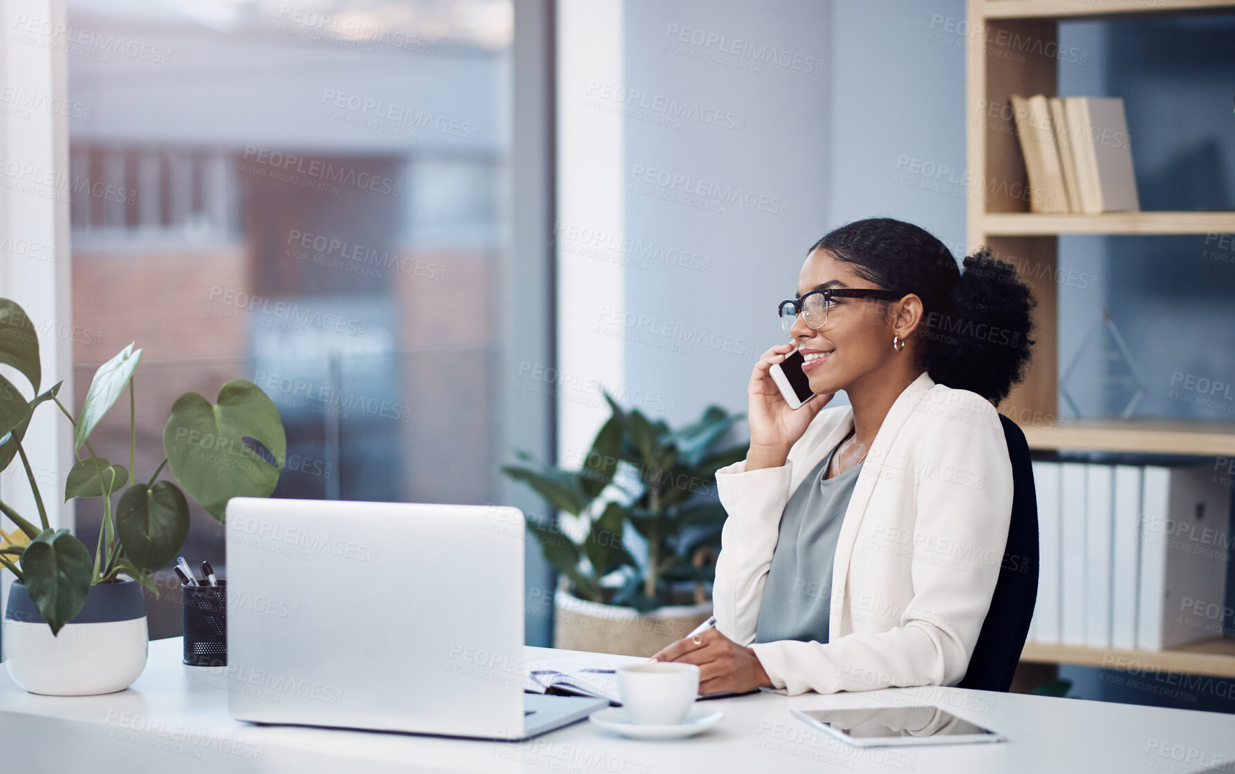 Buy stock photo Phone call, laptop and black woman in office for online talking, networking and discussion. Corporate worker, consulting and person on smartphone and computer for planning, contact or communication