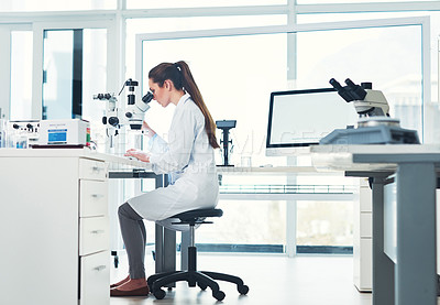 Buy stock photo Microscope, scientist and research in science lab for medicine, biology and pharmaceutical in Denmark. Female person, healthcare and sample in pathology, test or investigation for monkeypox vaccine