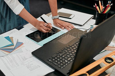 Buy stock photo Architect, hands and drawing with digital sketch, laptop and documents on desk with inspiration for design. Person, writing and iot with creativity, paperwork and computer in modern office at agency